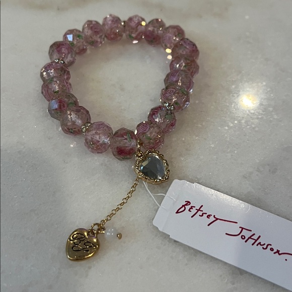Betsey Johnson Pink Crystal Bracelet with Gold Charms BRAND NEW STRETCH - Picture 1 of 3